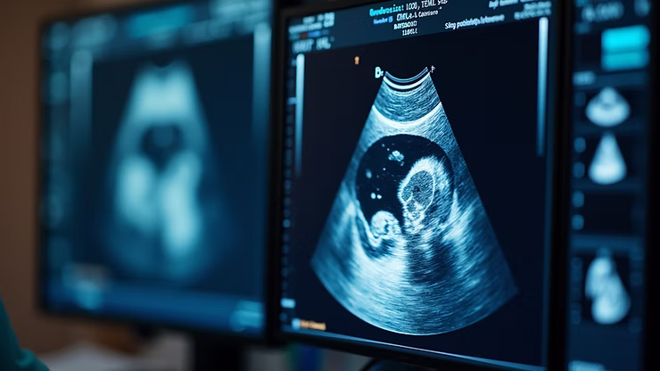 Ultrasound scan image displayed on medical monitor. Patient receiving a safe, non-invasive ultrasound exam to assess internal organs